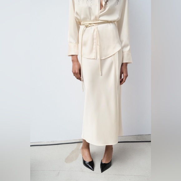 NWT Zara SET Cream Ecru Mixed Organza Satin Effect Blouse Skirt L XL - Picture 3 of 16
